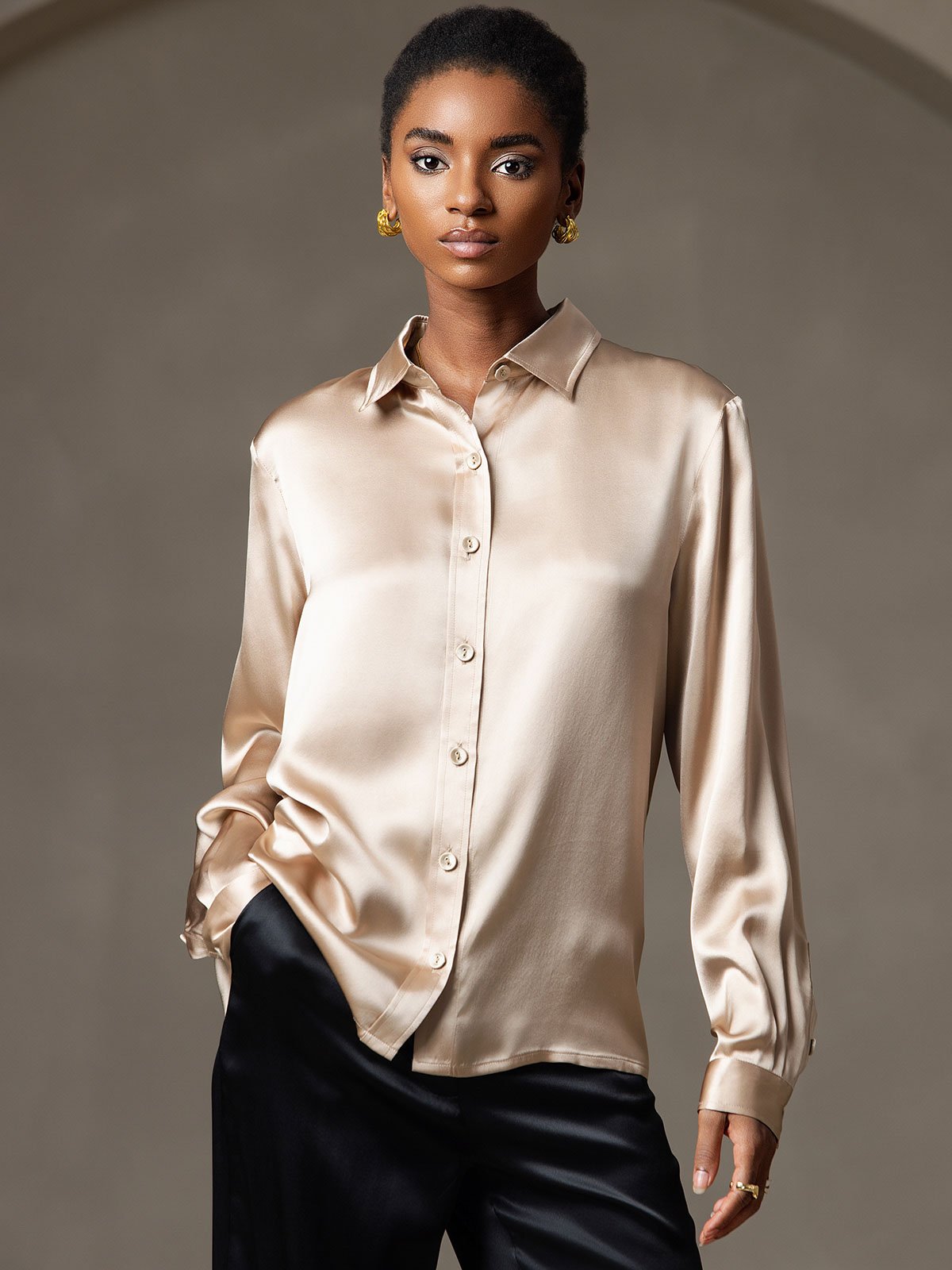 SilkSilky-CA 19Momme Silk Long Sleeve Collar Women's Shirt Champagne 007