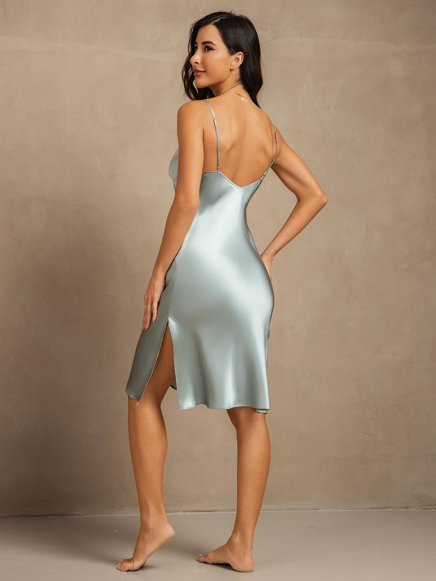 [Light Blue] SilkSilky-CA Pure Silk Deep V Neck Dress 002
