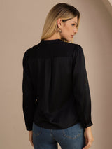 [Black] SilkSilky-CA Long Sleeve Wrap Women's Blouse 002