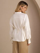 [White] SilkSilky-CA Long Sleeve Split Women's Blouse 002