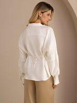 [White] SilkSilky-CA Long Sleeve Split Women's Blouse 002