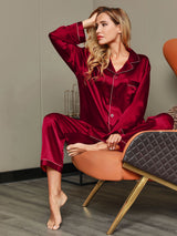 [Wine] SilkSilky-CA Long Sleeve Lapel Collar Women's Pajamas 001