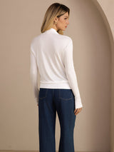 [White] SilkSilky-CA Long Sleeve Wrap Women's Blouse 002