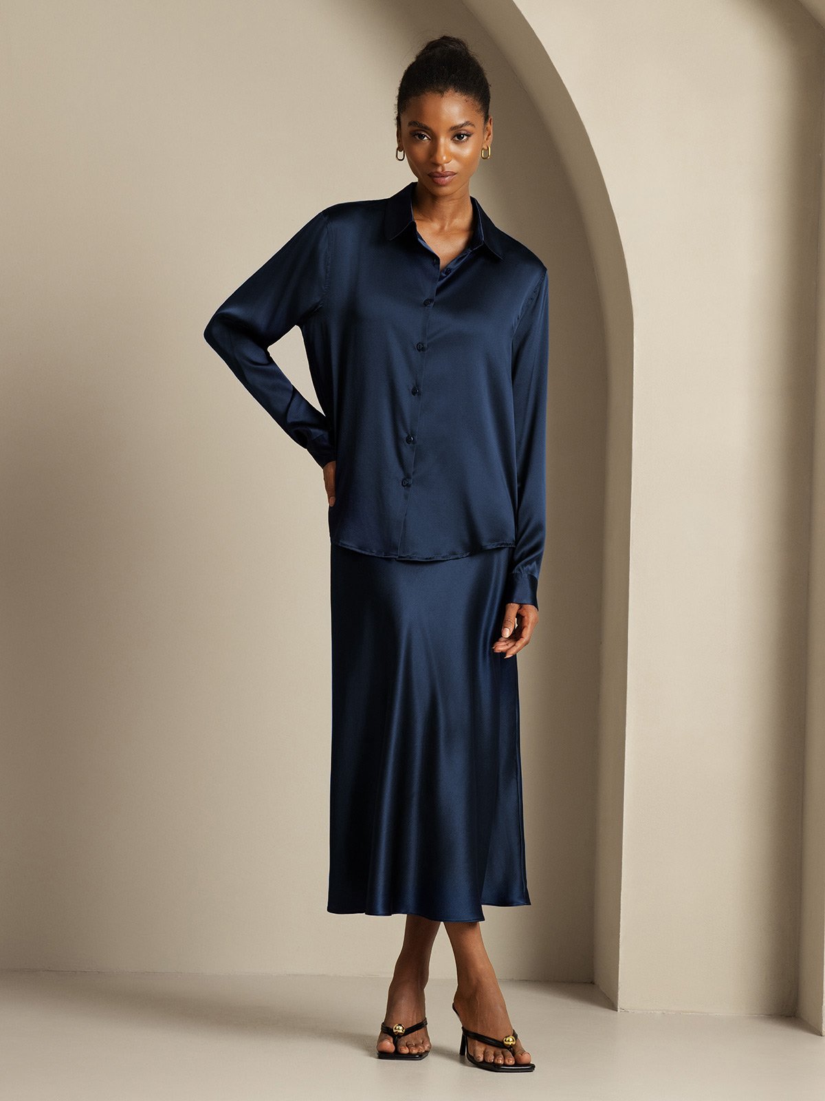 [Dark Blue] SilkSilky-CA 19Momme Silk Knitted Lapel Collar Women''s Outfit Sets 006,