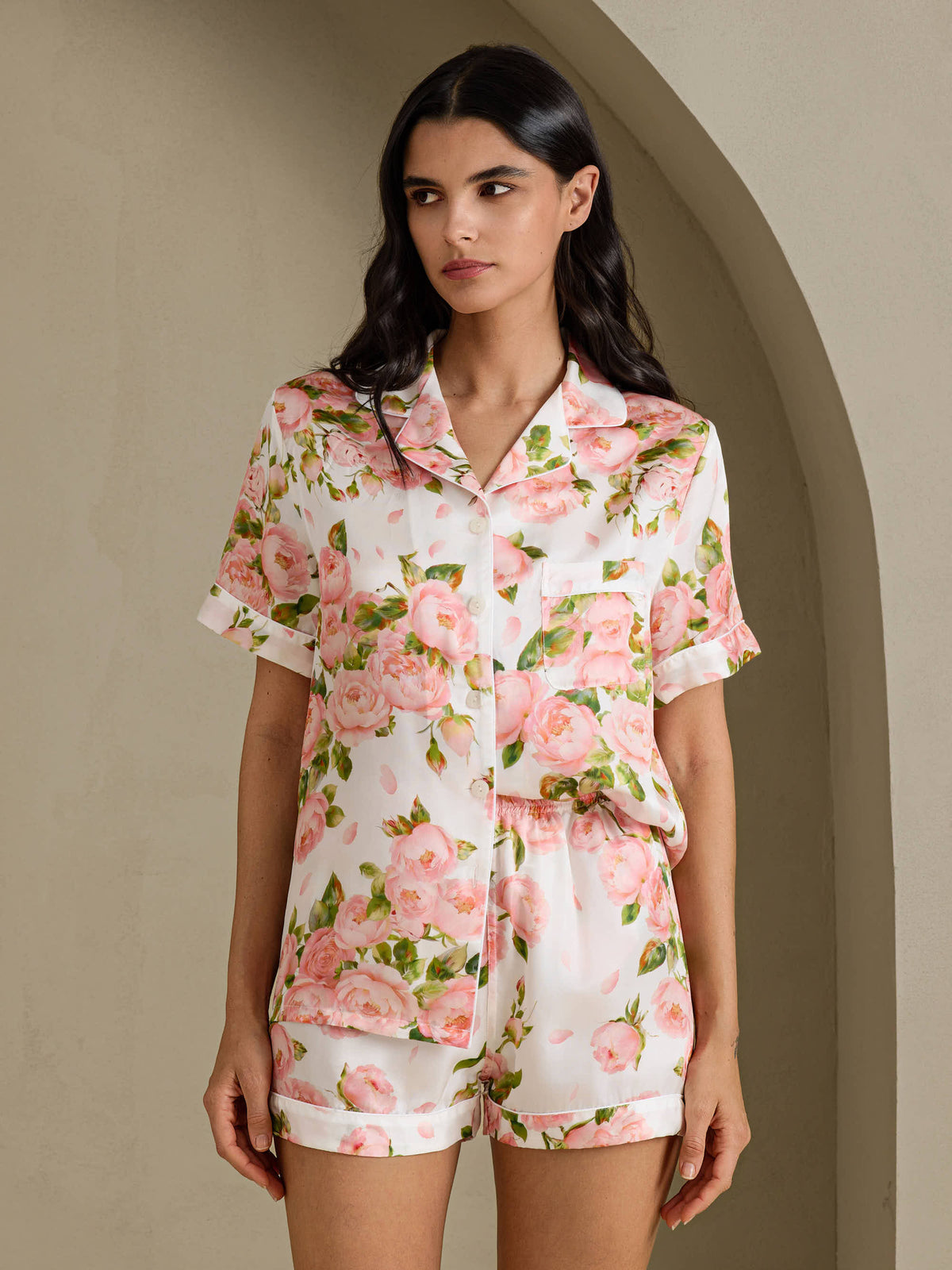[White Peony] SilkSilky-CA Short Sleeve Notch Collar Women's Pajamas 001