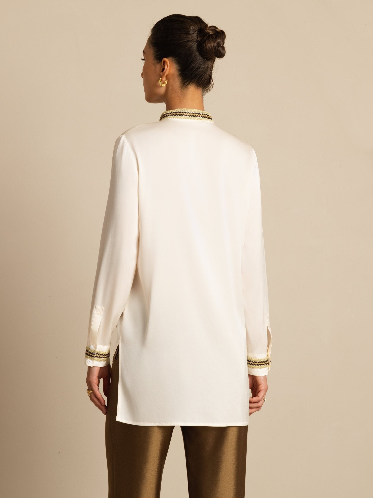 [Sea Pearl] SilkSilky-CA 19Momme Stretch Silk Double Georgette Long Sleeve Collar Blouse 002