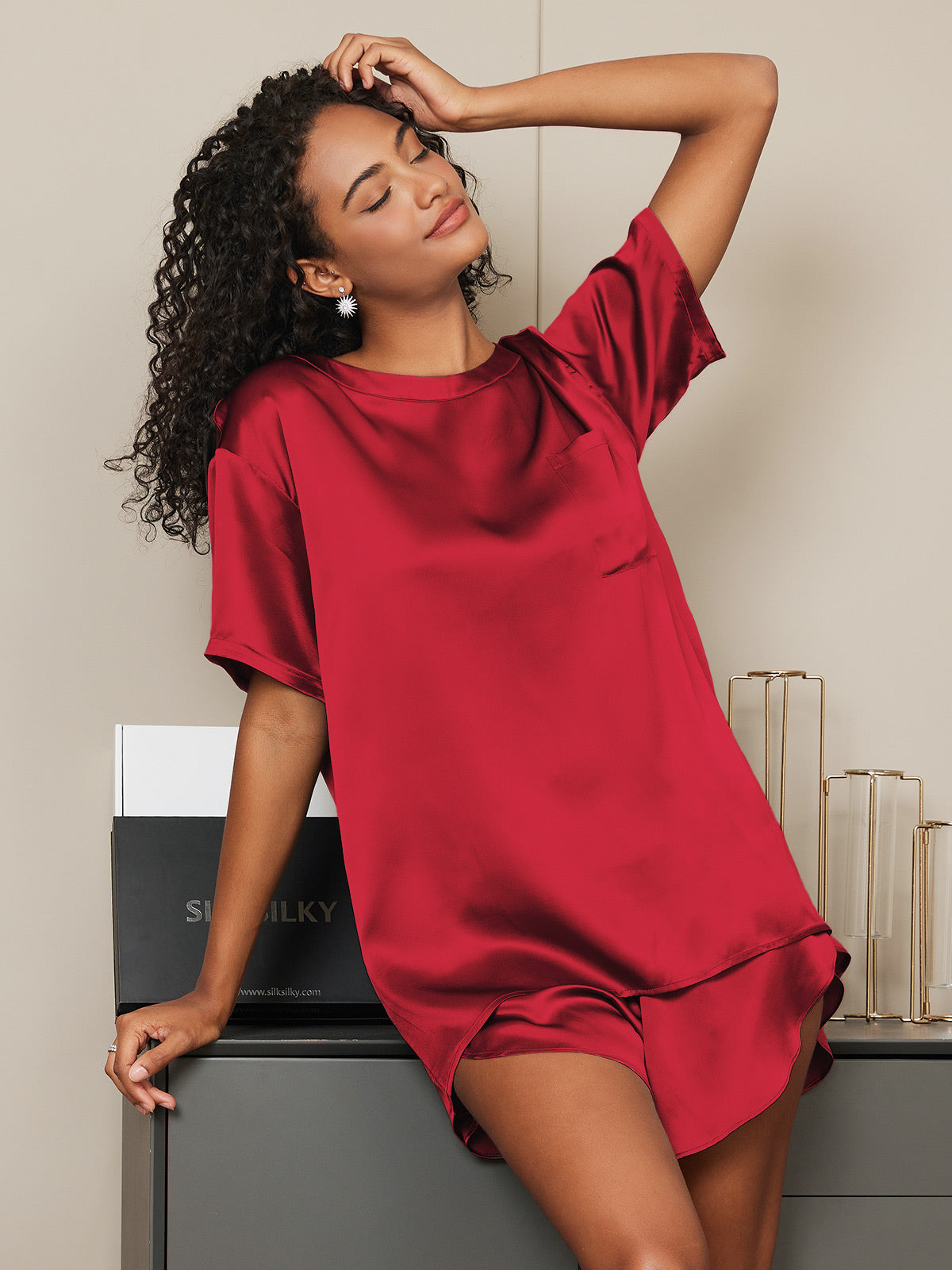 [Wine] SilkSilky-CA Pure Silk Round Neck Women's Pajamas 005