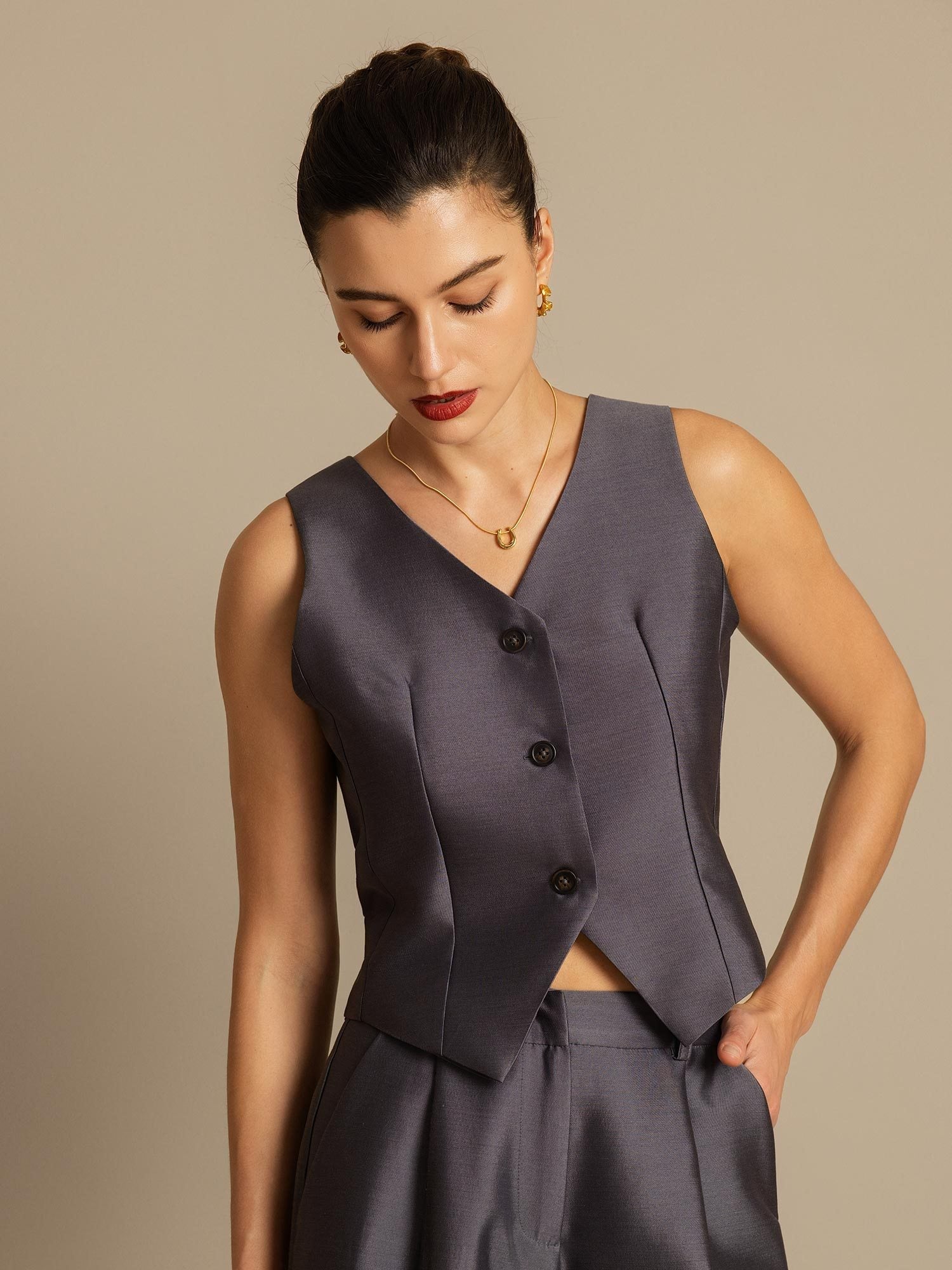 [Gray] SilkSilky-CA 32Momme Silk-Wool Blend V Neck Women's Vest 007,