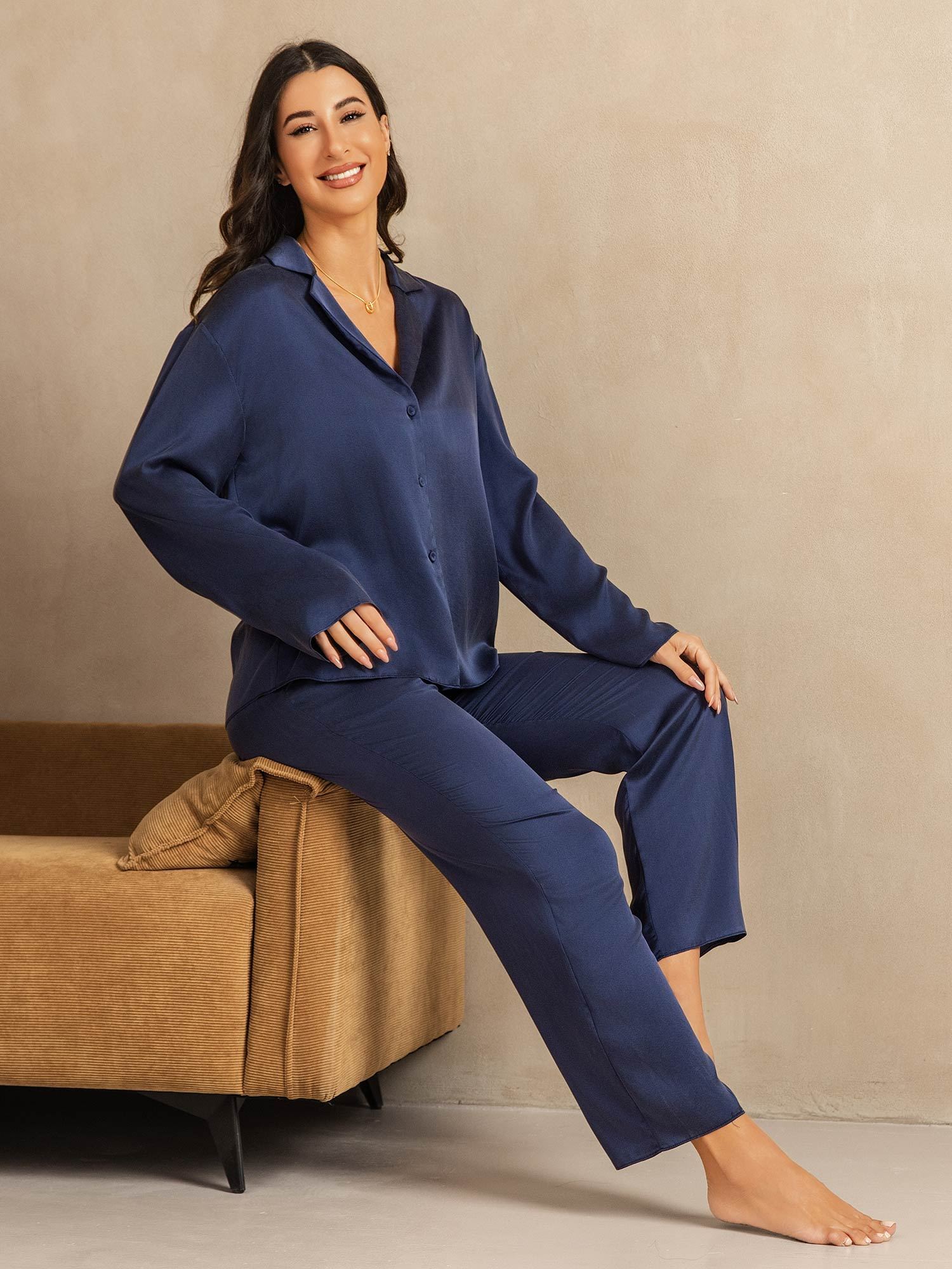 [Dark Blue] SilkSilky-CA 19Momme Machine-Washable Silk Long Sleeve Notch Collar Women's Pajamas 008