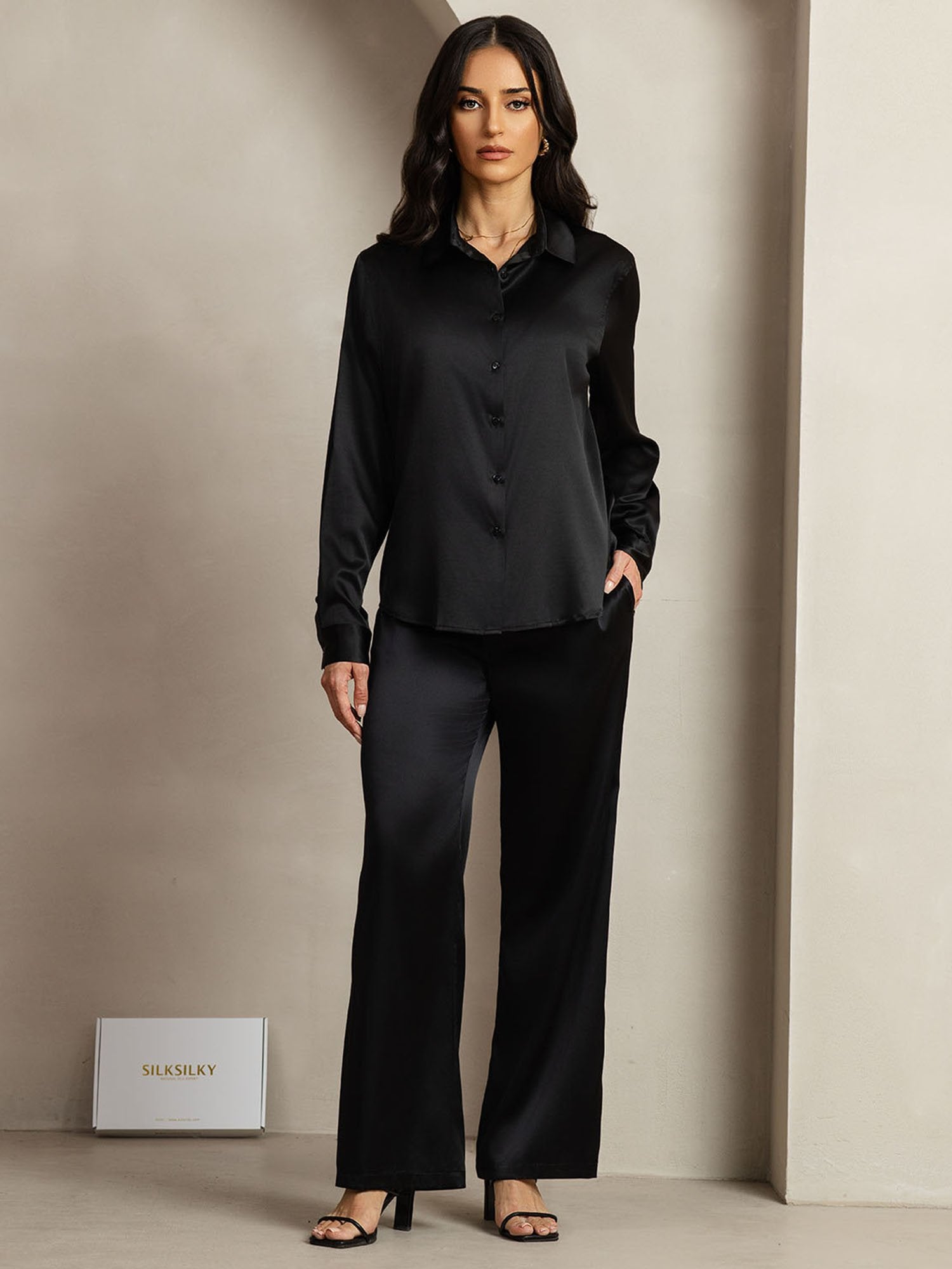 [Black] SilkSilky-CA 19Momme Silk Lapel Collar Women''s Outfit Sets 001