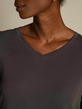 [Gray] SilkSilky-CA 100% High-Twist Silk Jersey Short Sleeve V Neck Women's T-Shirt 004