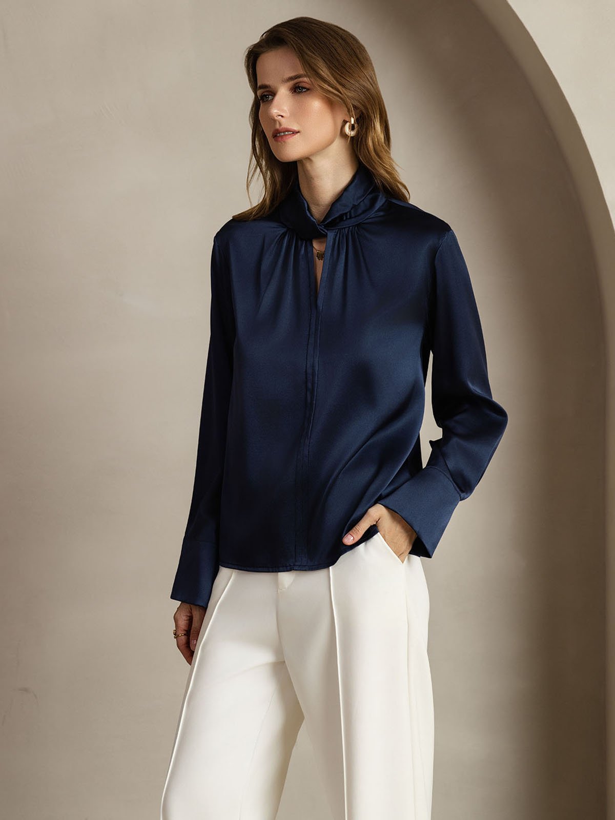 [DarkBlue] SilkSilky-CA 19Momme Silk Keyhole Neck Women's Shirt 003