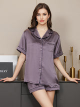 [Purple Gray] SilkSilky-CA Short Sleeve Lapel Collar Women's Pajamas 003