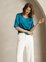 [Teal] SilkSilky-CA Half Sleeve Scoop Neck Women's T-Shirt 003