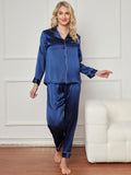 SilkSilky CA Pure Silk Long Sleeve Lapel Women's Pajamas DarkBlue 003