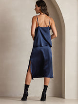 [Dark Blue] SilkSilky-CA Spaghetti Strap Cowl Neck Camisole 002