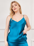 SilkSilky-CA Pure Silk Deep V Neck Plus Size Camisole Top Teal 001