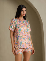 [Pink Fauna] SilkSilky-CA Short Sleeve Notch Collar Women's Pajamas 003