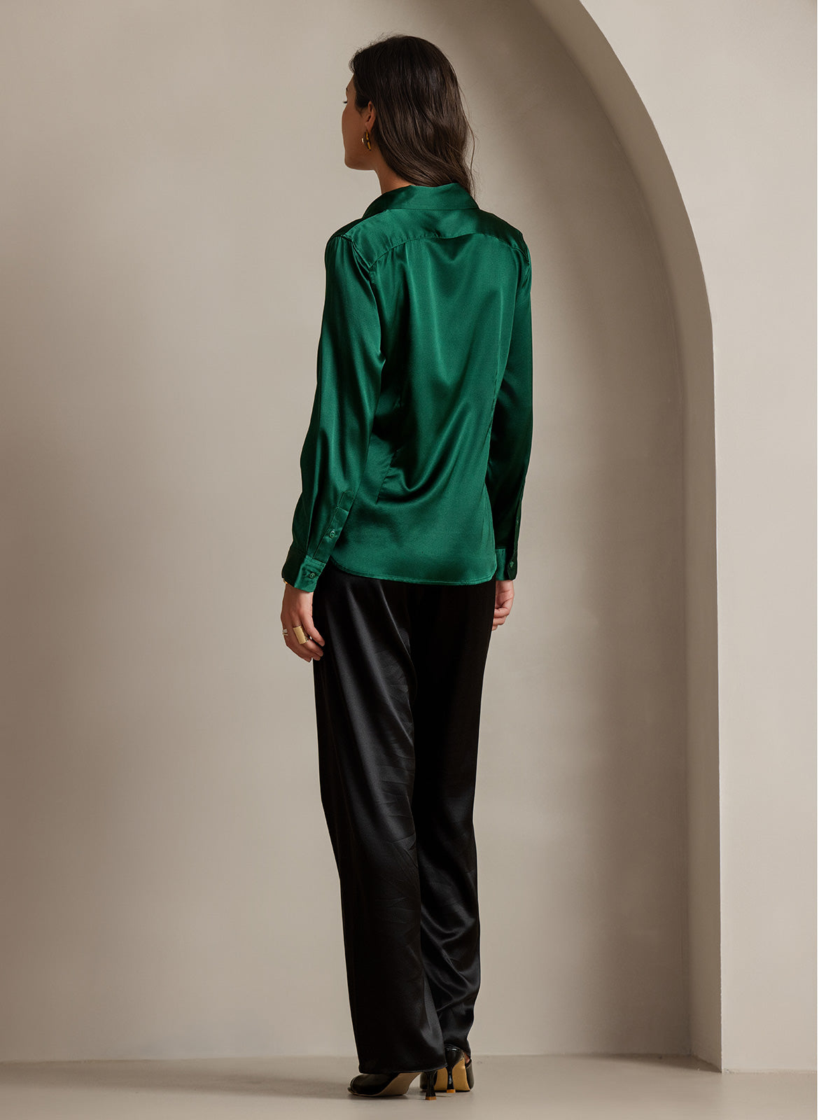 [Dark Green] SilkSilky-CA Silk Long Sleeve Lapel Collar Women's Shirt 002