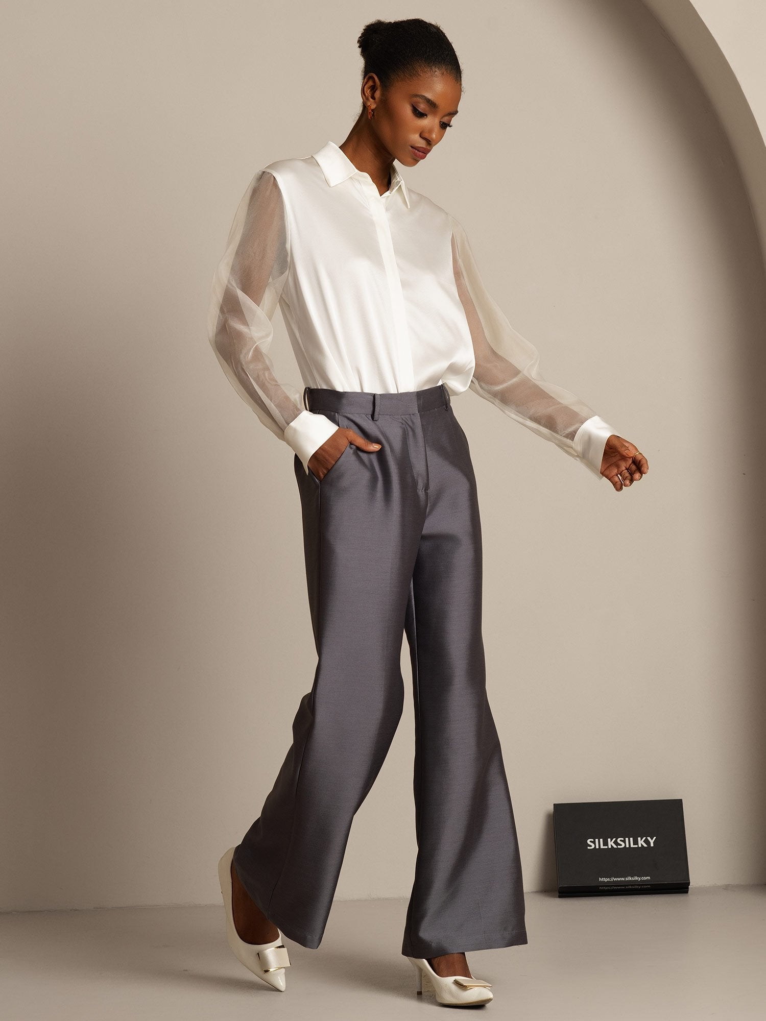 [Gray] SilkSilky-CA 32Momme Silk-Wool Blend Womens Pants 008,