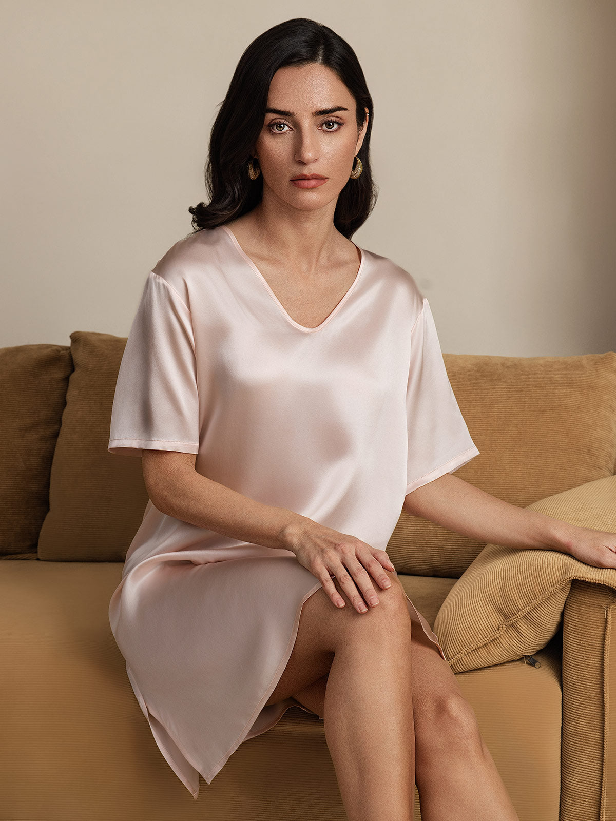 [Light Pink] SilkSilky-CA Pure Silk V Neck Nightgown 006
