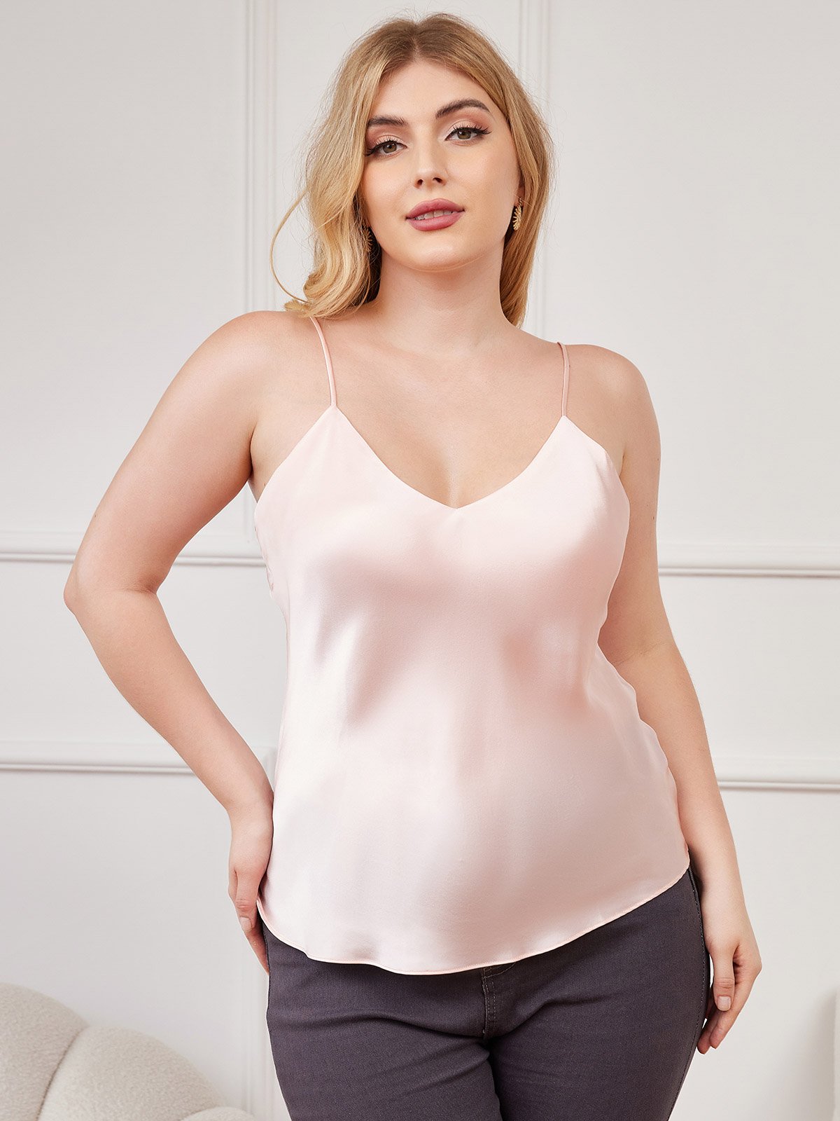 SilkSilky-CA Pure Silk Deep V Neck Plus Size Camisole Top Pink 001