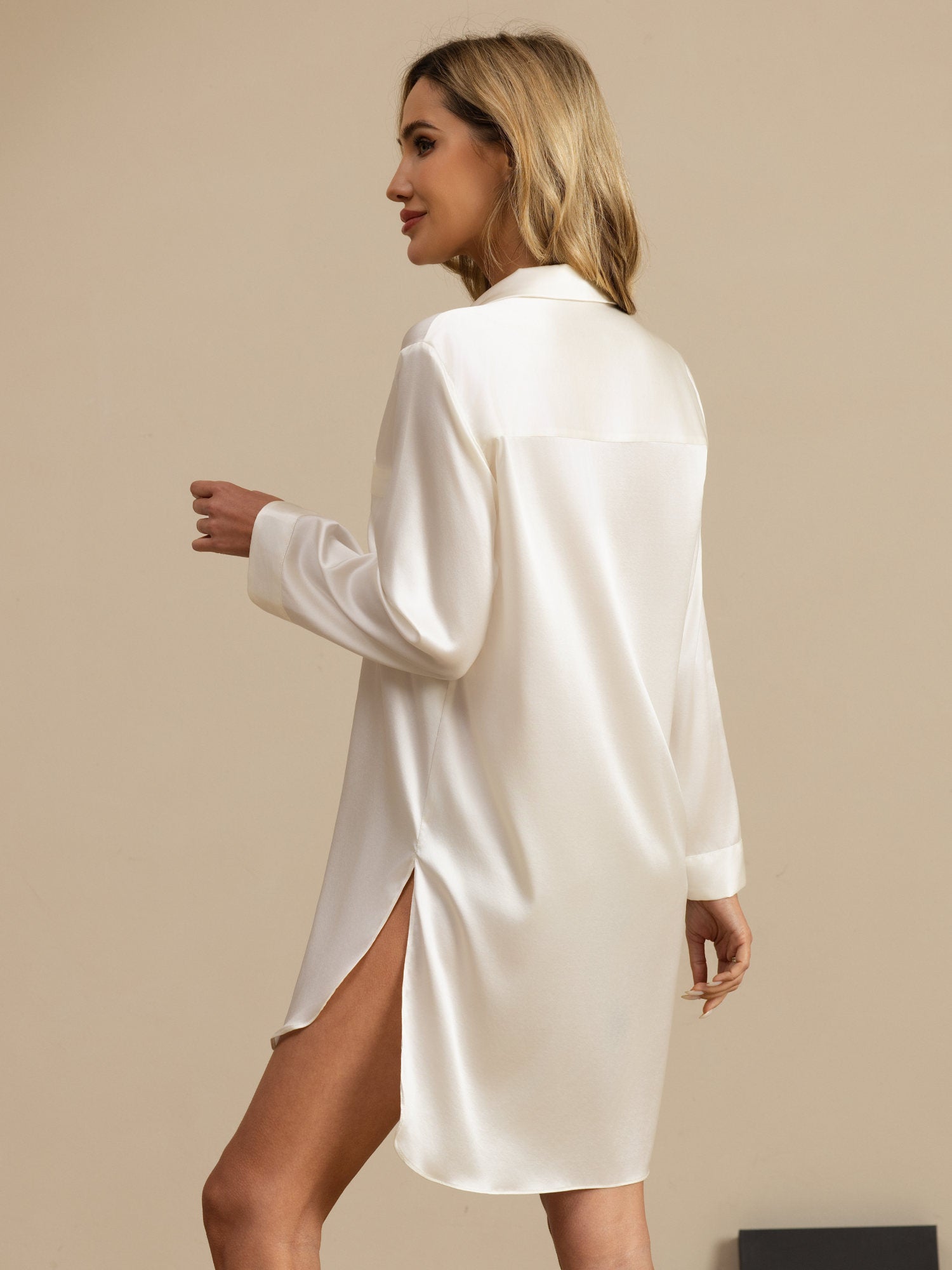 [White] SilkSilky-CA Pure Silk Long Sleeve Lapel Collar Nightshirt 002