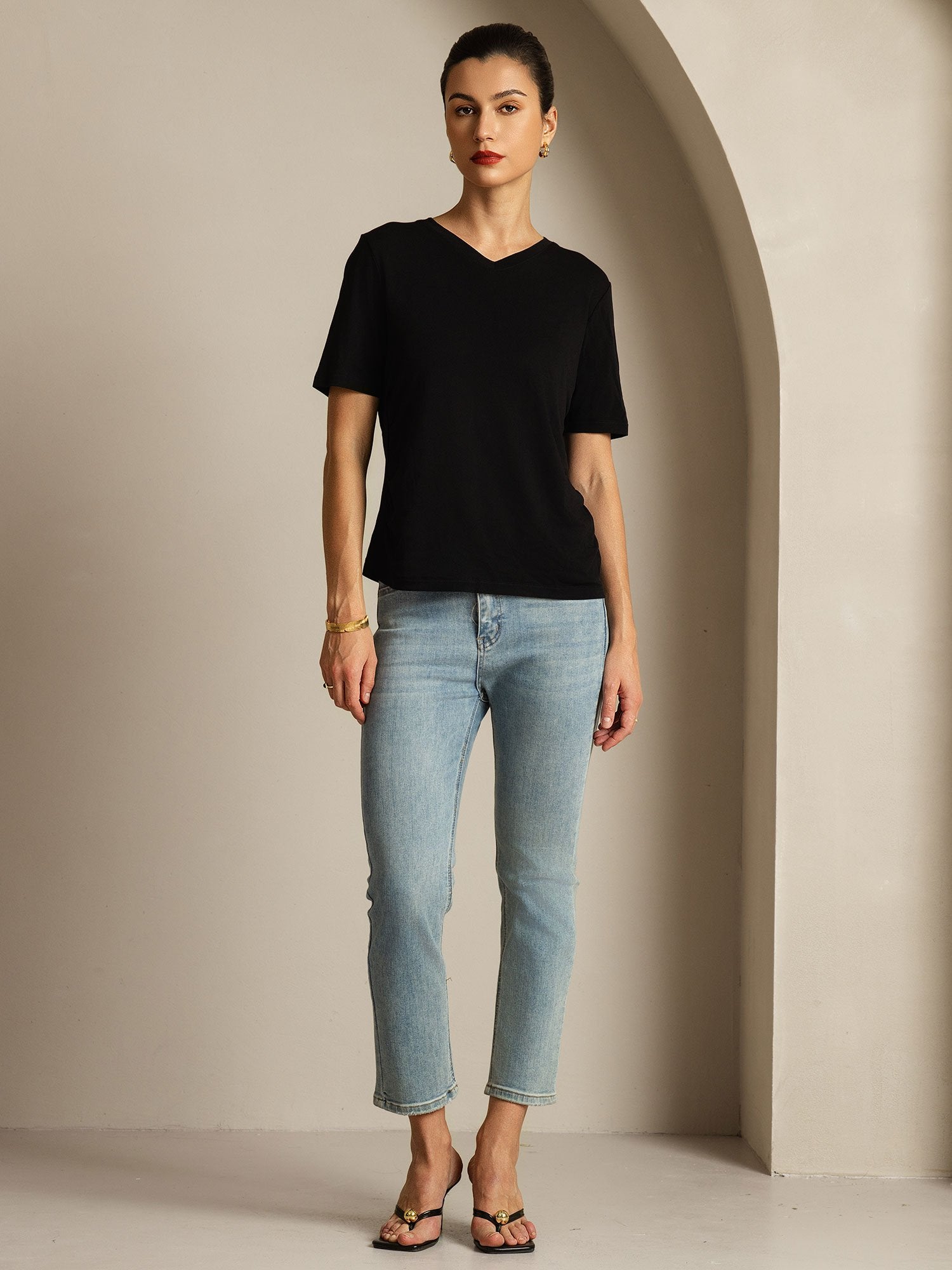 [Black] SilkSilky-CA Pure Silk V Neck Women's T-Shirt 008