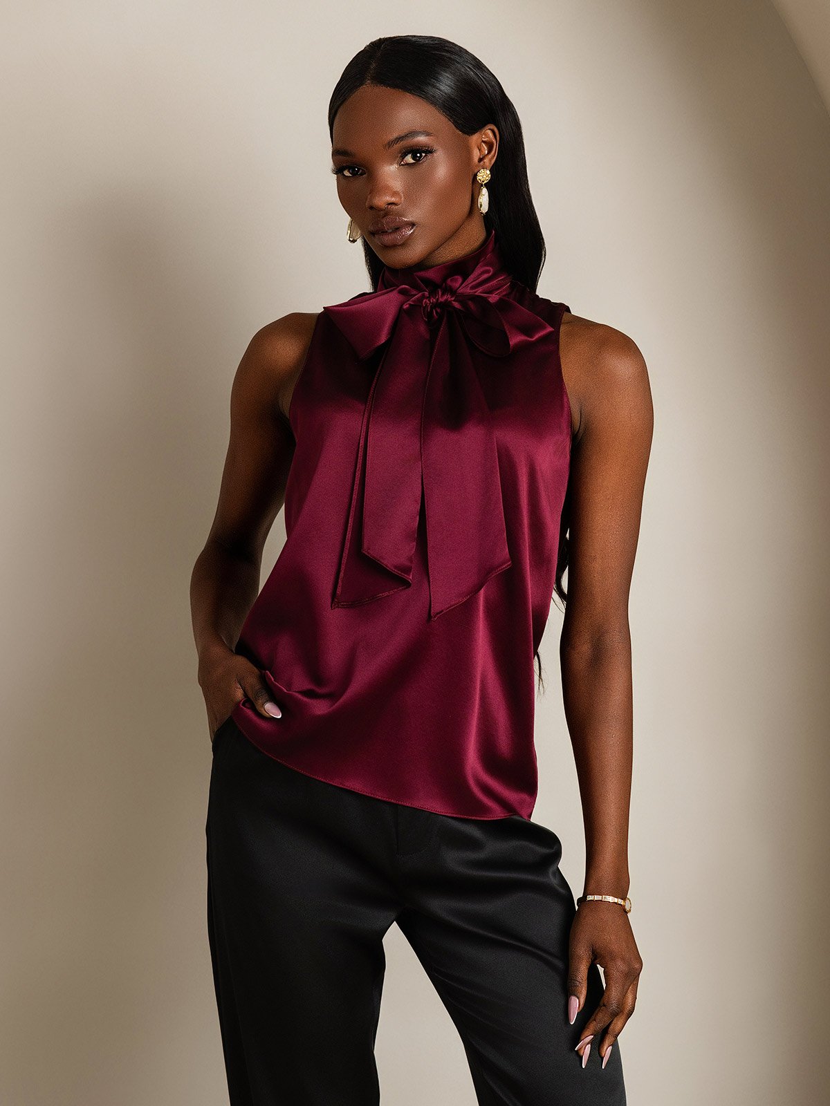 SilkSilky-CA 19Momme Silk Tie Neck Women's Shirt DarkRed 005