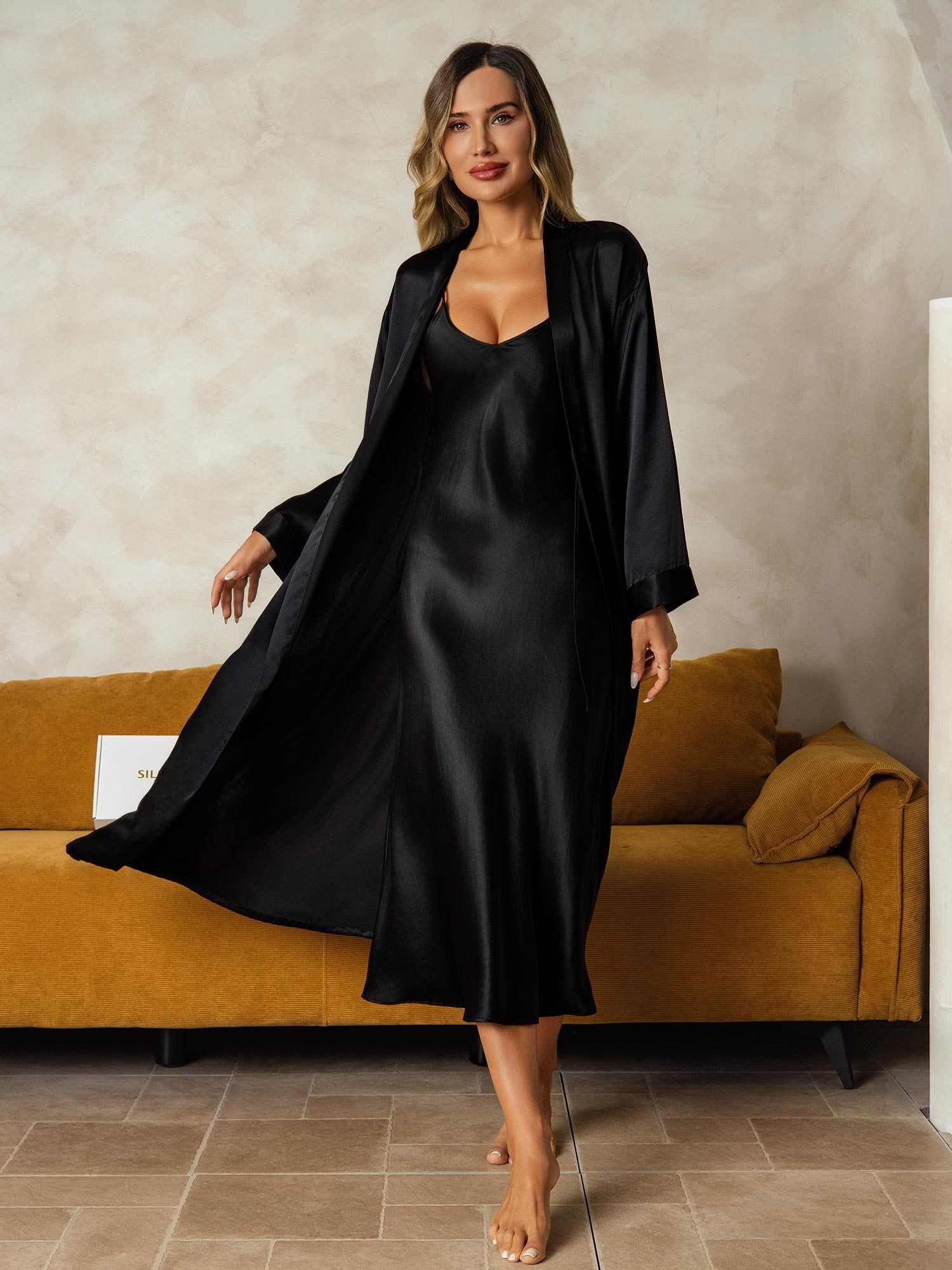 [Black] SilkSilky-CA Pure Silk V Neck Nightgown&Robe Set 001