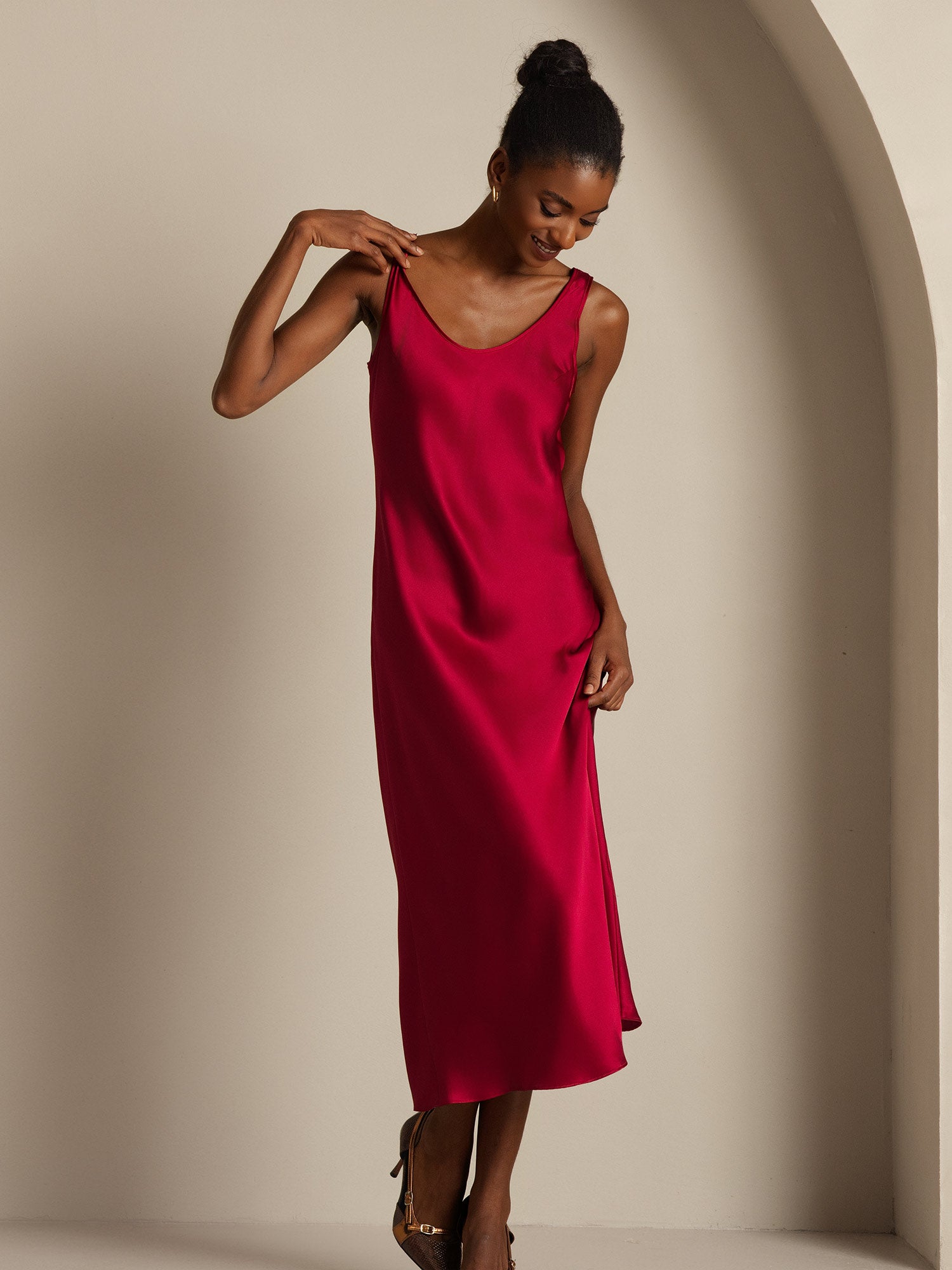 [Wine] SilkSilky-CA Pure Silk Boat Neck Dress 005,