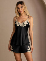 [Black] SilkSilky-CA Spaghetti Strap V Neck Camisole Set 003