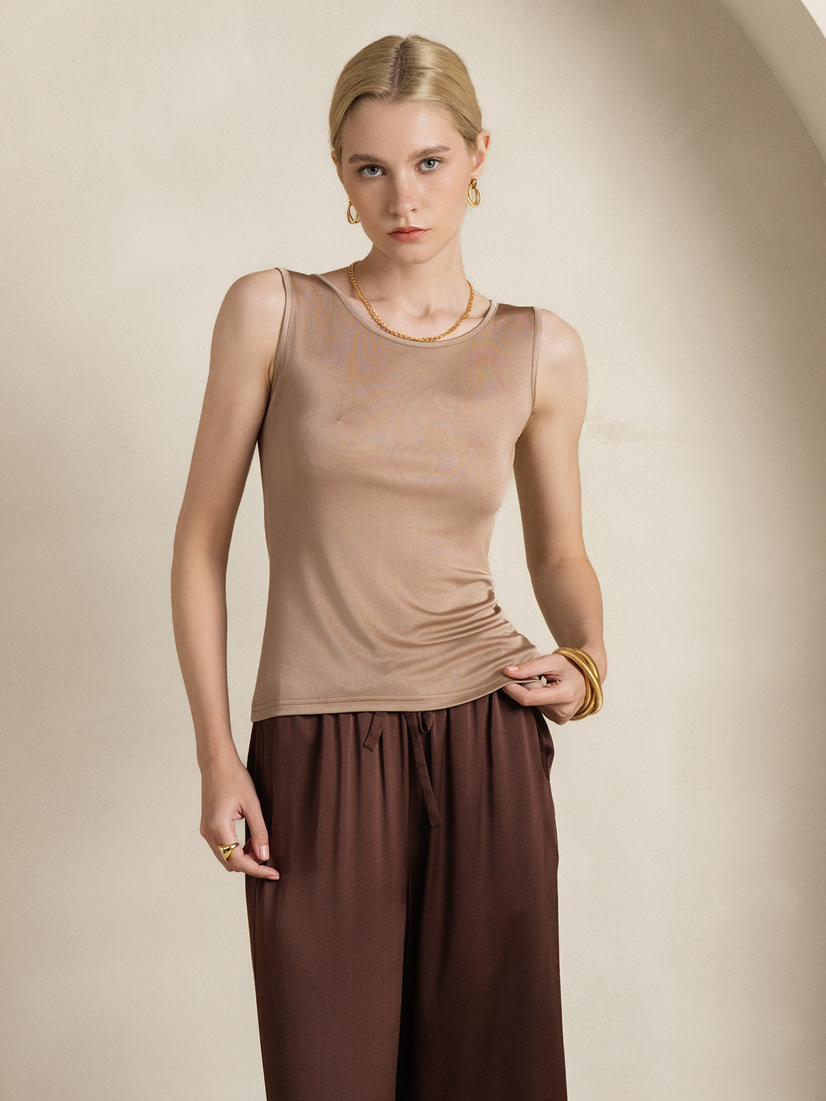 SilkSilky-CA Silk Knitted Sleeveless Round Neck Women's T-Shirt Coffee 006