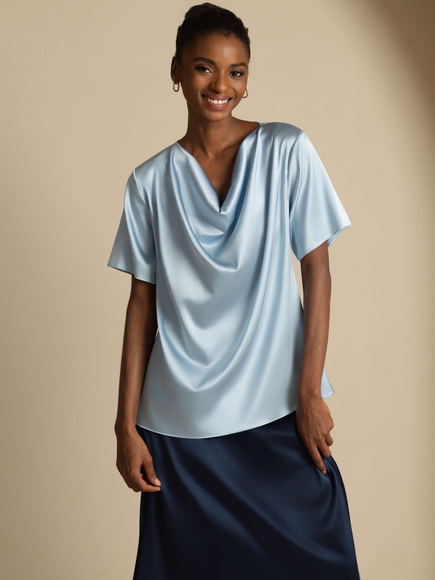[Grayish Blue] SilkSilky-CA 19Momme Silk Short Sleeve Cowl Neck Blouse 004