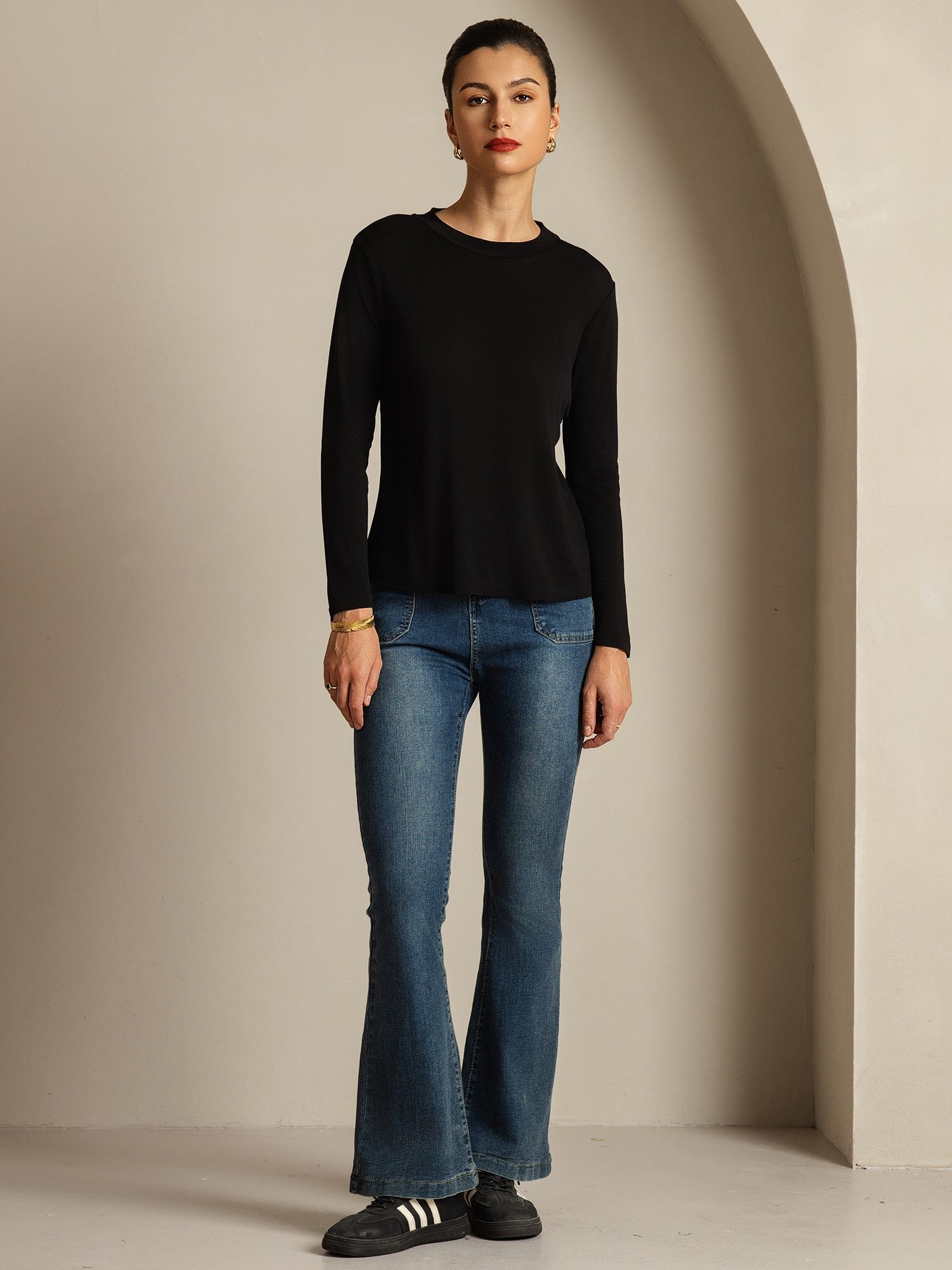 [Black] SilkSilky-CA Pure Silk Round Neck Women's T-Shirt 004