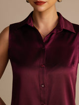 [Dark Red] SilkSilky-CA Sleeveless Lapel Collar Women's Shirt 004