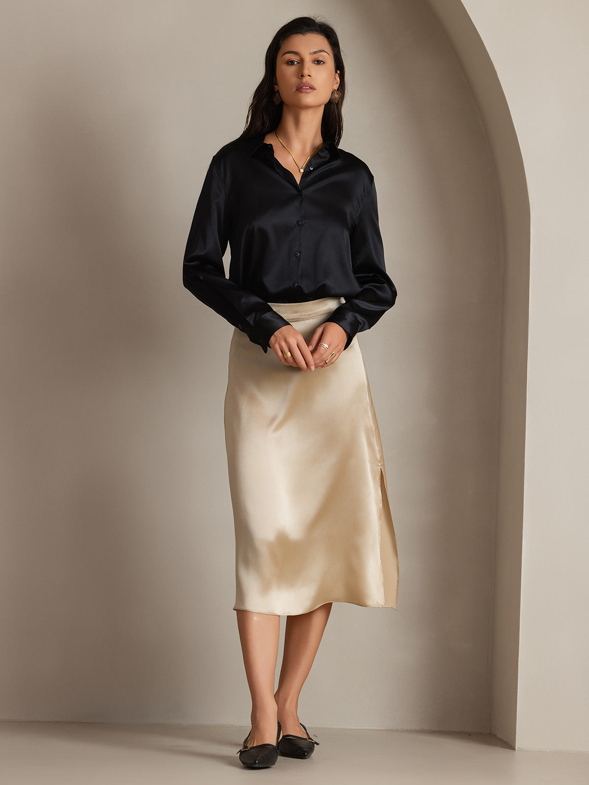 [Black] SilkSilky-CA Silk Long Sleeve Lapel Collar Women's Shirt 007