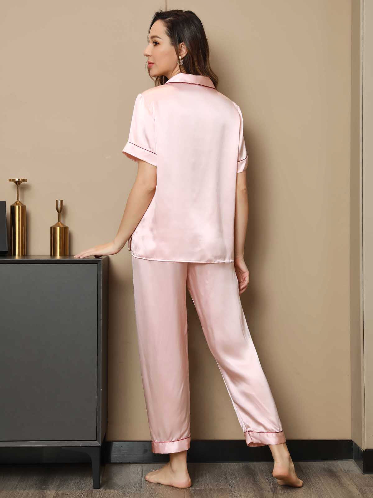 SilkSilky CA Pure Silk Short Sleeve Lapel Women's Pajamas Pink 002