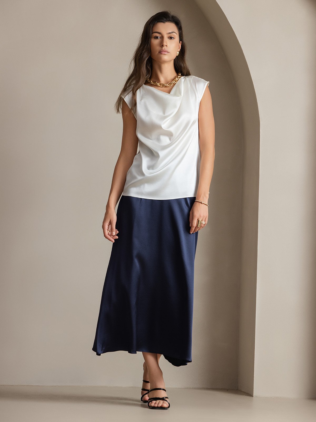 [White] SilkSilky-CA 19Momme Silk Cap Sleeve Cowl Neck Women's T-Shirt 007