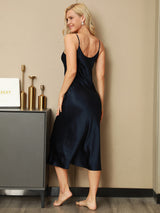 [Dark Blue] SilkSilky-CA Spaghetti Strap V Neck Nightgown 002