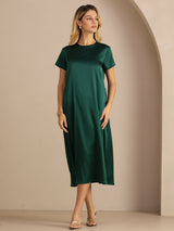 [Dark Green] SilkSilky-CA Short Sleeve Round Neck Dress 005