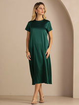 [Dark Green] SilkSilky-CA Short Sleeve Crew Neck Dress 005