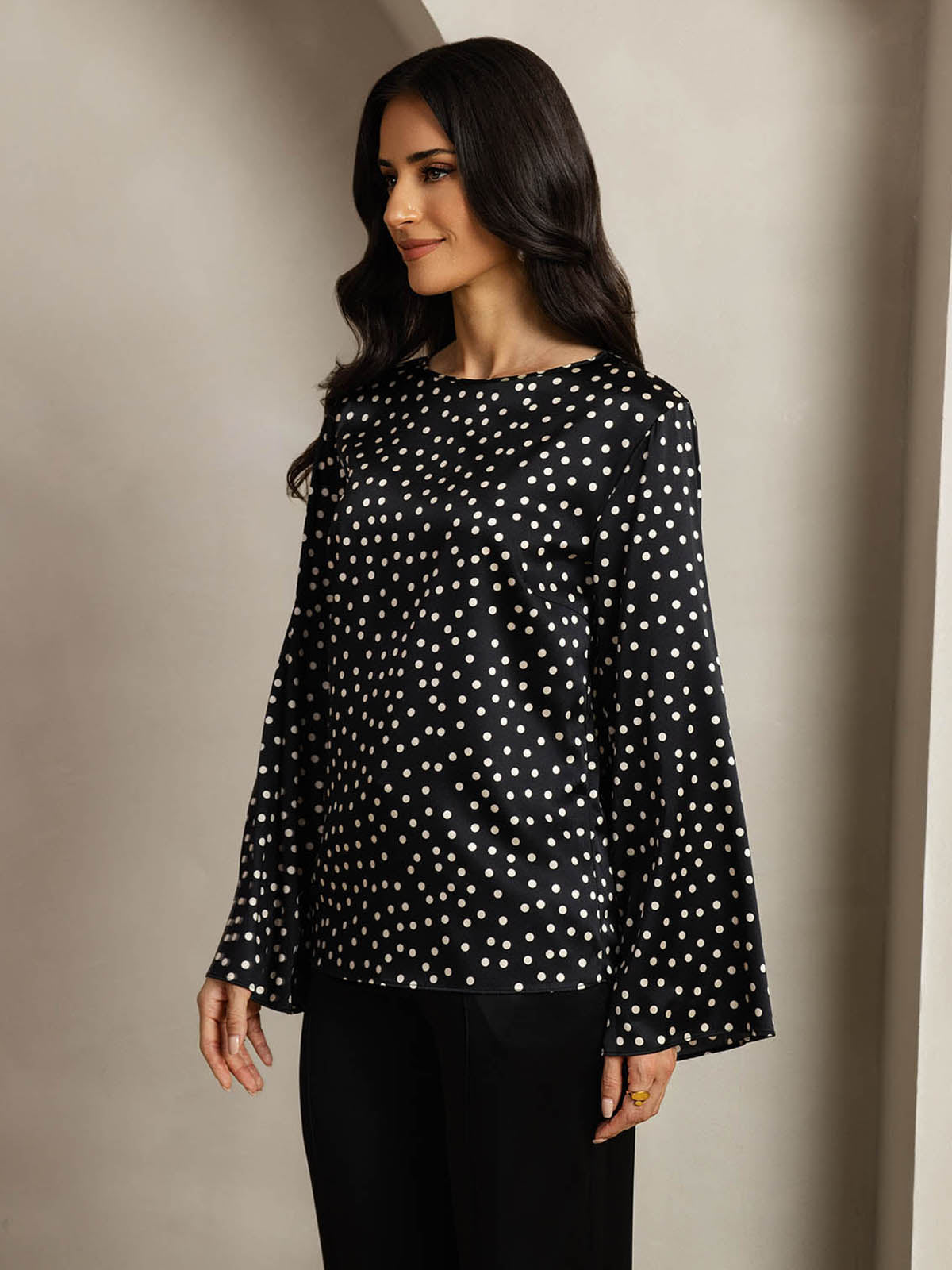 [Polka Dot] SilkSilky-CA 19Momme Silk Round Neck Women's T-Shirt 004,
