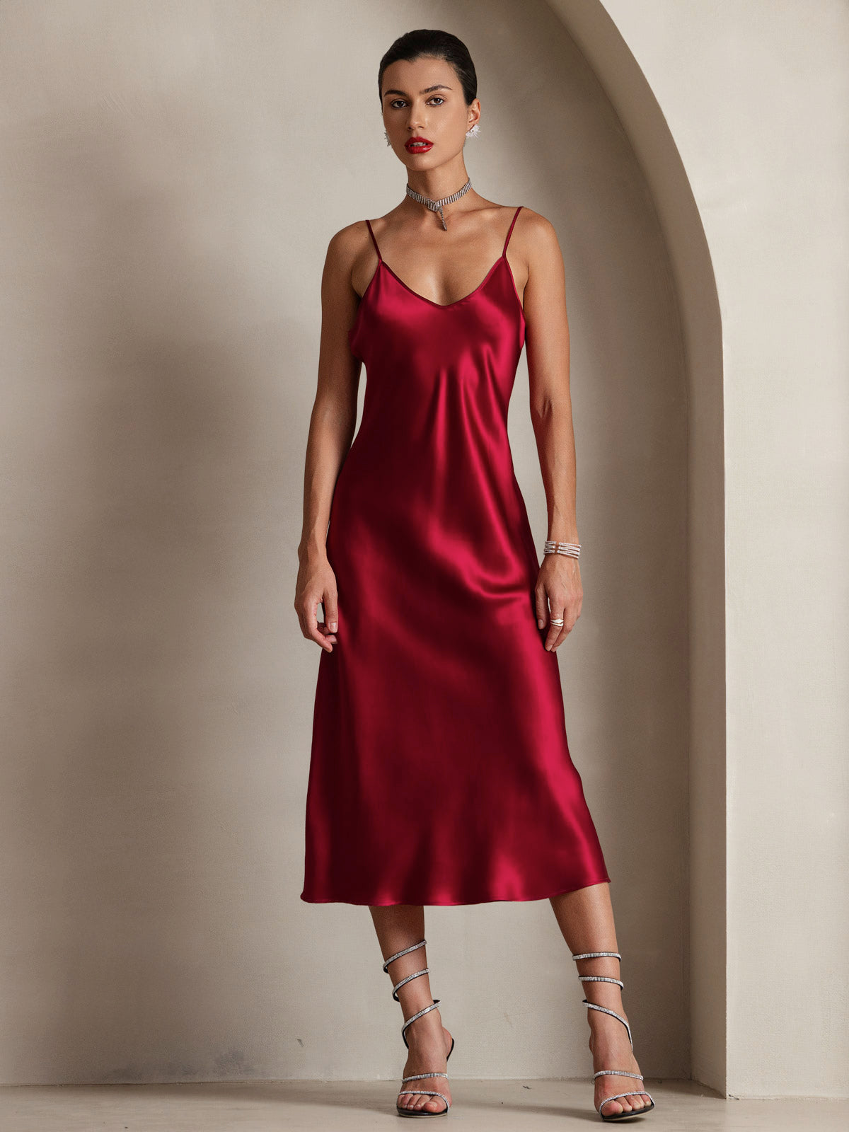 SilkSilky-CA Pure Silk Sleeveless Round Neck Dress Wine 003