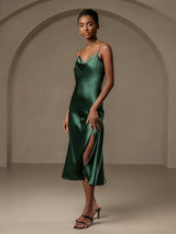 [Dark Green] SilkSilky-CA Spaghetti Strap Cowl Neck Dress 007