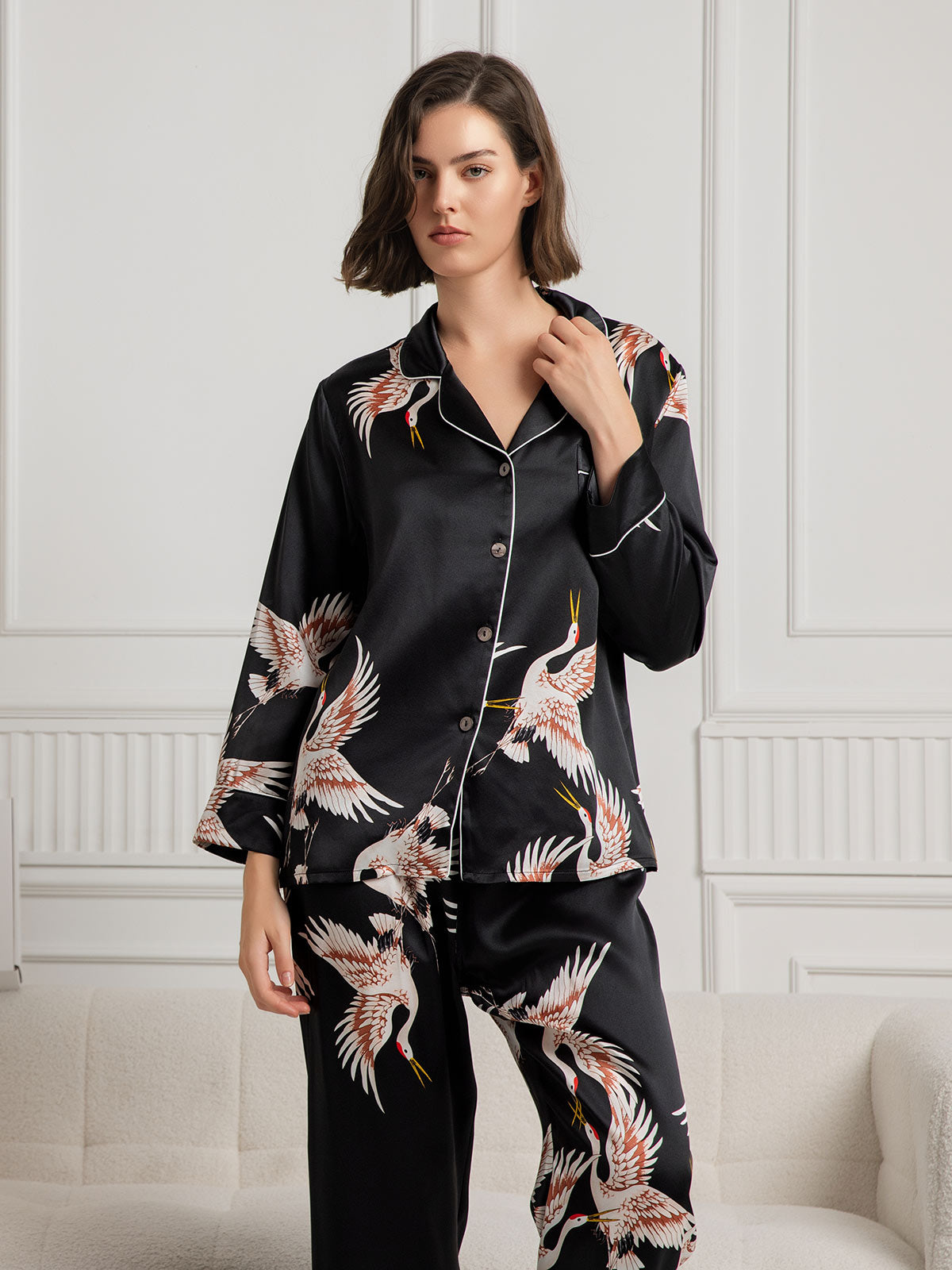 SilkSilky-CA 19Momme Pure Silk Long Sleeve Lapel Women's Pajamas Black 003