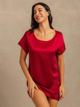 [Wine] SilkSilky-CA 19Momme Machine-Washable Silk Short Sleeve Round Neck Nightgown 003