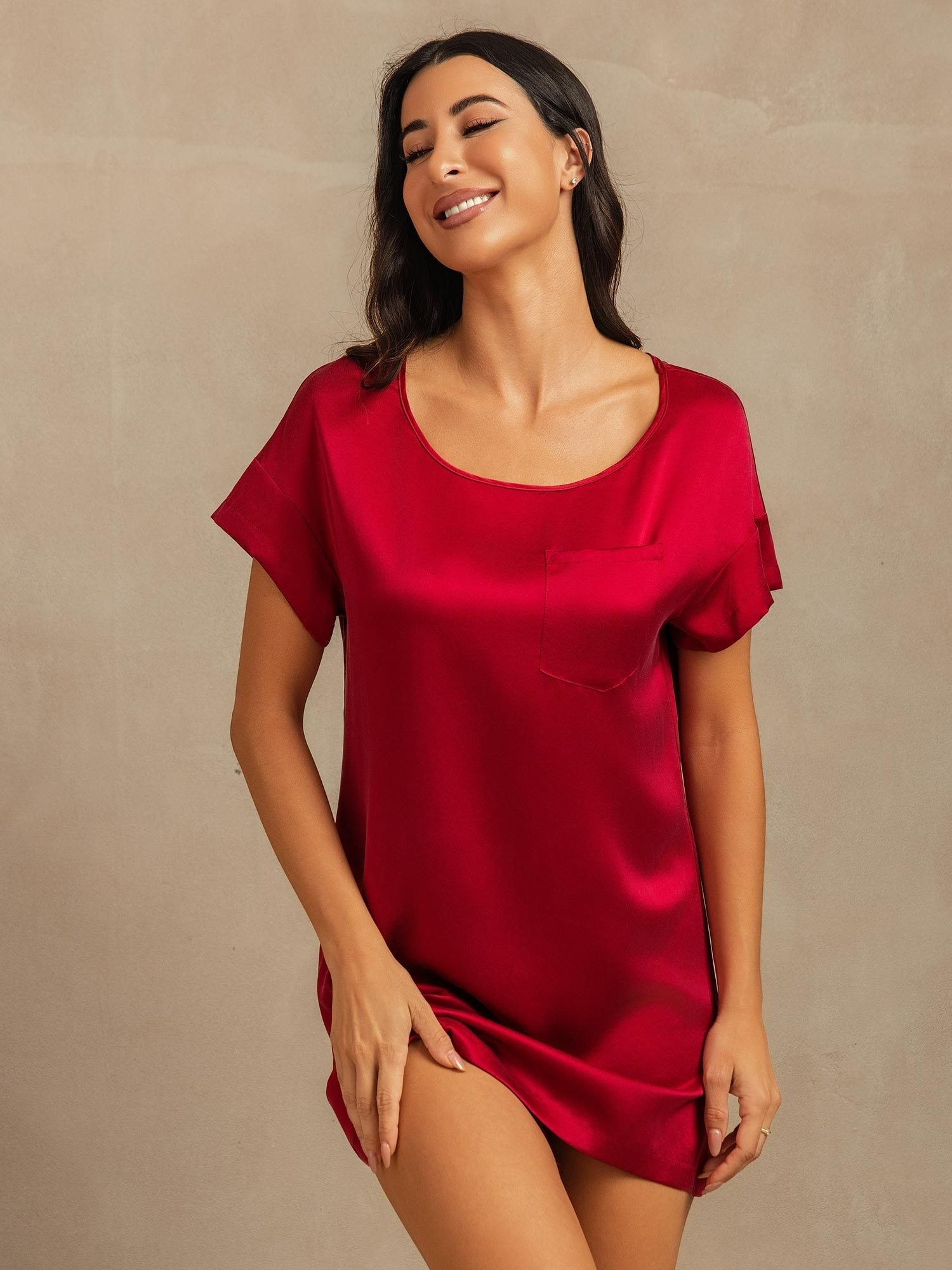 [Wine] SilkSilky-CA 19Momme Silk Round Neck Nightgown 003
