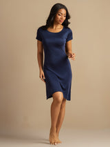 [Dark Blue] SilkSilky-CA Silk Knitted Round Neck Nightgown 007,