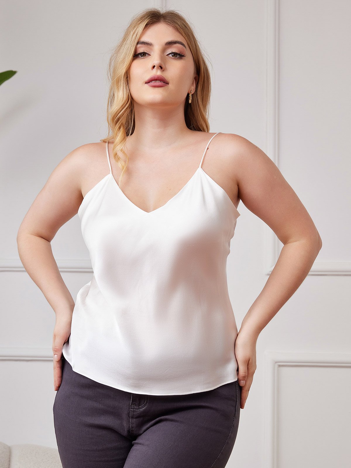 SilkSilky-CA Pure Silk Deep V Neck Plus Size Camisole Top White 004